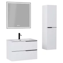 HD Cremona Matt White 60 komplett fürdőszoba bútor szett fali mosdószekrénnyel, matt fekete fogantyúkkal, fényes fehér slim mosdóval, tükörrel és magasszekrénnyel