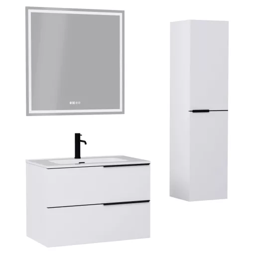 HD Cremona Matt White 60 komplett fürdőszoba bútor szett fali mosdószekrénnyel, matt fekete fogantyúkkal, fényes fehér slim mosdóval, tükörrel és magasszekrénnyel