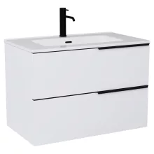 HD Cremona Matt White 60 komplett fürdőszoba bútor szett fali mosdószekrénnyel, matt fekete fogantyúkkal, fényes fehér slim mosdóval, tükörrel és magasszekrénnyel