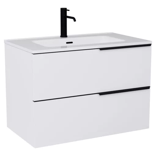 HD Cremona Matt White 60 komplett fürdőszoba bútor szett fali mosdószekrénnyel, matt fekete fogantyúkkal, fényes fehér slim mosdóval, tükörrel és magasszekrénnyel