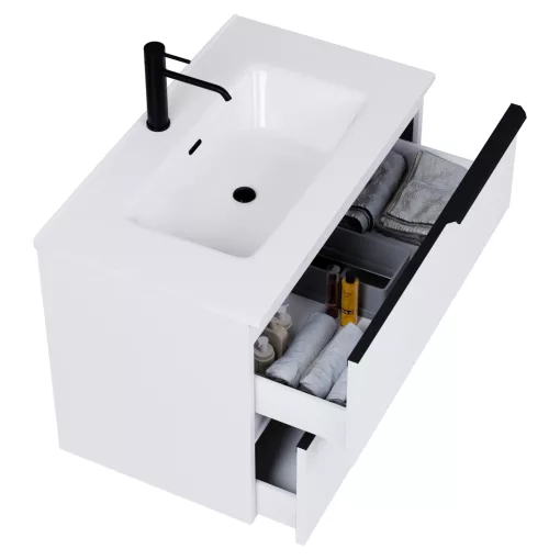 HD Cremona Matt White 60 komplett fürdőszoba bútor szett fali mosdószekrénnyel, matt fekete fogantyúkkal, fényes fehér slim mosdóval, tükörrel és magasszekrénnyel