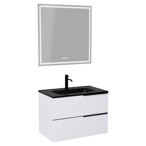 HD Cremona Matt White 60 komplett fürdőszoba bútor fali mosdószekrénnyel, matt fekete fogantyúkkal, matt fekete slim mosdóval és tükörrel