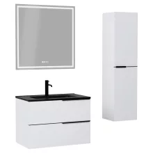 HD Cremona Matt White 60 komplett fürdőszoba bútor szett fali mosdószekrénnyel, matt fekete fogantyúkkal, matt fekete slim mosdóval, tükörrel és magasszekrénnyel