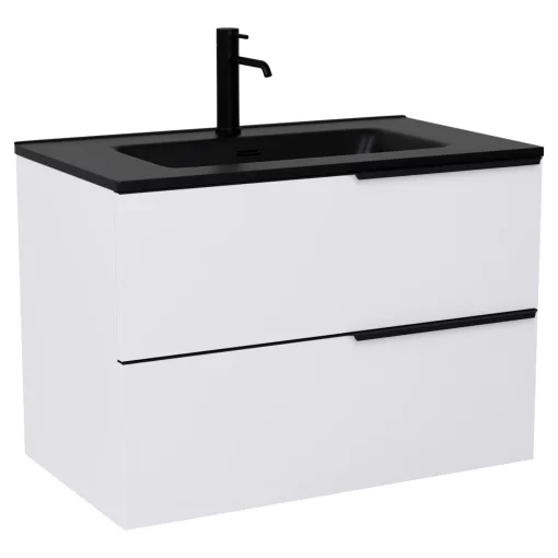 HD Cremona Matt White 60 komplett fürdőszoba bútor szett fali mosdószekrénnyel, matt fekete fogantyúkkal, matt fekete slim mosdóval, tükörrel és magasszekrénnyel