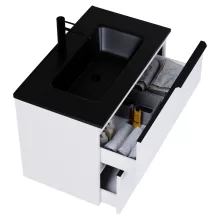 HD Cremona Matt White 60 komplett fürdőszoba bútor szett fali mosdószekrénnyel, matt fekete fogantyúkkal, matt fekete slim mosdóval, tükörrel és magasszekrénnyel