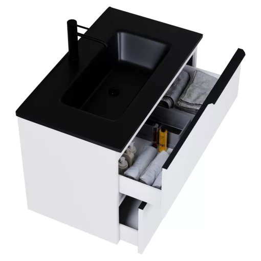 HD Cremona Matt White 60 komplett fürdőszoba bútor szett fali mosdószekrénnyel, matt fekete fogantyúkkal, matt fekete slim mosdóval, tükörrel és magasszekrénnyel