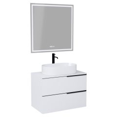   HD Carona Matt White 60/80 komplett fürdőszoba bútor fali mosdószekrénnyel, matt fekete fogantyúkkal, matt fehér mosdópulttal és tükörrel