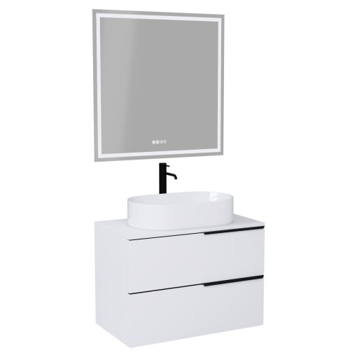 HD Carona Matt White 60/80 komplett fürdőszoba bútor fali mosdószekrénnyel, matt fekete fogantyúkkal, matt fehér mosdópulttal és tükörrel