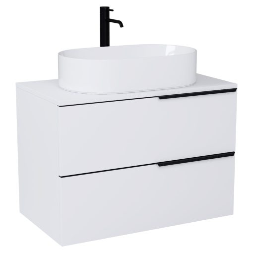 HD Carona Matt White 60/80 komplett fürdőszoba bútor fali mosdószekrénnyel, matt fekete fogantyúkkal, matt fehér mosdópulttal és tükörrel