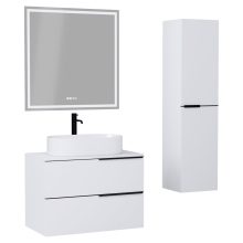HD Carona Matt White 60/80 komplett fürdőszoba bútor szett fali mosdószekrénnyel, matt fekete fogantyúkkal, matt fehér mosdópulttal, tükörrel és magasszekrénnyel