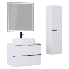   HD Carona Matt White 60/80 komplett fürdőszoba bútor szett fali mosdószekrénnyel, matt fekete fogantyúkkal, matt fehér mosdópulttal, tükörrel és magasszekrénnyel