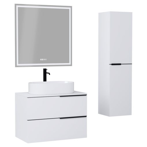 HD Carona Matt White 60/80 komplett fürdőszoba bútor szett fali mosdószekrénnyel, matt fekete fogantyúkkal, matt fehér mosdópulttal, tükörrel és magasszekrénnyel