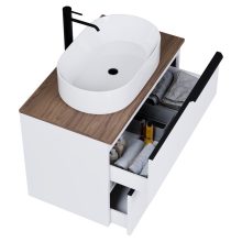 HD Carona Matt White 60 fali mosdószekrény tölgyfa színű mosdópulttal és matt fekete fogantyúkkal