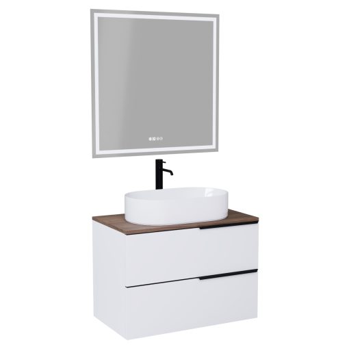 HD Carona Matt White 60 komplett fürdőszoba bútor fali mosdószekrénnyel, matt fekete fogantyúkkal, tölgyfa színű mosdópulttal és tükörrel
