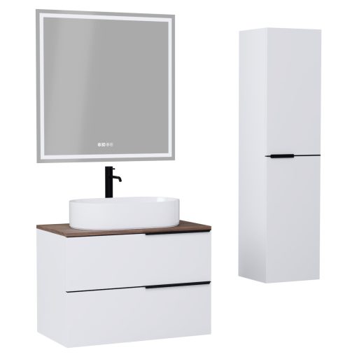 HD Carona Matt White 60 komplett fürdőszoba bútor szett fali mosdószekrénnyel, matt fekete fogantyúkkal, tölgyfa színű mosdópulttal, tükörrel és magasszekrénnyel