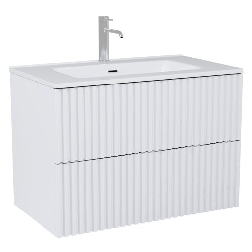 HD Ravello Pro Matt White 80 fali mosdószekrény, push-to-open mechanizmussal, fényes fehér slim mosdóval