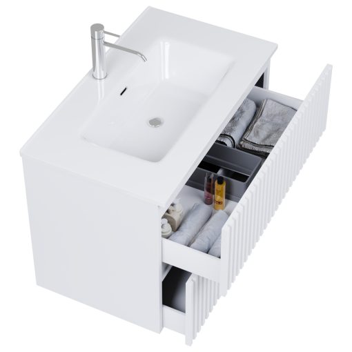 HD Ravello Pro Matt White 80 fali mosdószekrény, push-to-open mechanizmussal, fényes fehér slim mosdóval