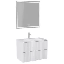 HD Ravello Pro Matt White 80 komplett fürdőszoba bútor fali push-to-open mosdószekrénnyel, fényes fehér slim mosdóval és tükörrel