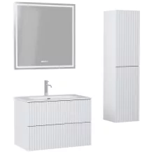 HD Ravello Pro Matt White 80 komplett fürdőszoba bútor szett fali push-to-open mosdószekrénnyel, fényes fehér slim mosdóval, tükörrel és magasszekrénnyel