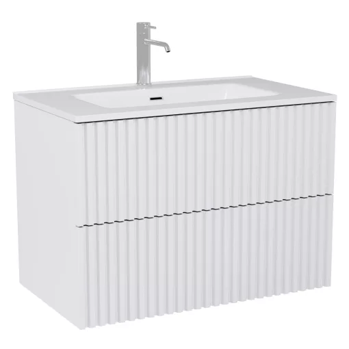 HD Ravello Pro Matt White 80 komplett fürdőszoba bútor szett fali push-to-open mosdószekrénnyel, fényes fehér slim mosdóval, tükörrel és magasszekrénnyel