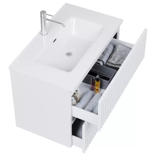HD Ravello Pro Matt White 80 komplett fürdőszoba bútor szett fali push-to-open mosdószekrénnyel, fényes fehér slim mosdóval, tükörrel és magasszekrénnyel