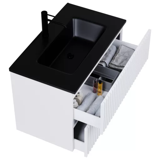 HD Ravello Pro Matt White 80 fali mosdószekrény, push-to-open mechanizmussal, matt fekete slim mosdóval