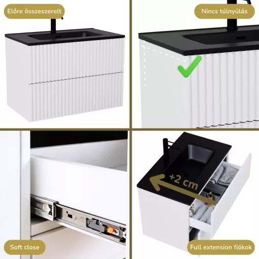 HD Ravello Pro Matt White 80 fali mosdószekrény, push-to-open mechanizmussal, matt fekete slim mosdóval