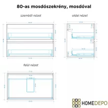 HD Ravello Pro Matt White 80 fali mosdószekrény, push-to-open mechanizmussal, matt fekete slim mosdóval