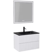 HD Ravello Pro Matt White 80 komplett fürdőszoba bútor fali push-to-open mosdószekrénnyel, matt fekete slim mosdóval és tükörrel