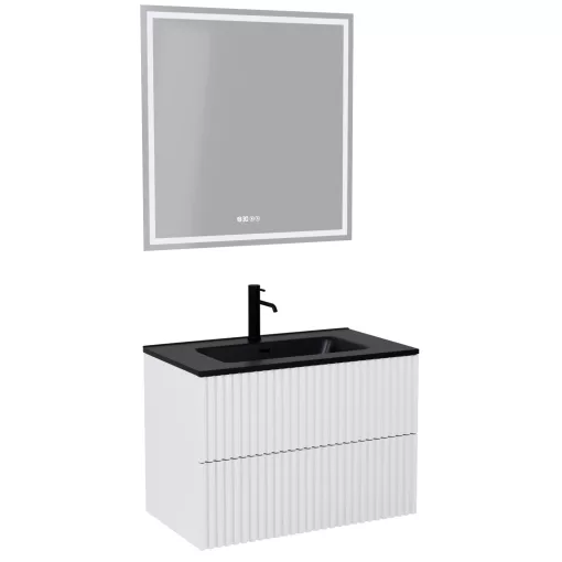 HD Ravello Pro Matt White 80 komplett fürdőszoba bútor fali push-to-open mosdószekrénnyel, matt fekete slim mosdóval és tükörrel