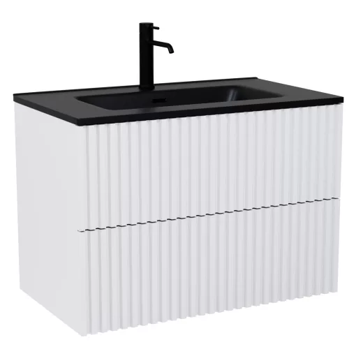 HD Ravello Pro Matt White 80 komplett fürdőszoba bútor fali push-to-open mosdószekrénnyel, matt fekete slim mosdóval és tükörrel