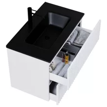 HD Ravello Pro Matt White 80 komplett fürdőszoba bútor fali push-to-open mosdószekrénnyel, matt fekete slim mosdóval és tükörrel