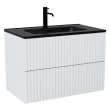 HD Ravello Pro Matt White 80 komplett fürdőszoba bútor szett fali push-to-open mosdószekrénnyel, matt fekete slim mosdóval, tükörrel és magasszekrénnyel