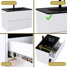 HD Ravello Pro Matt White 80 komplett fürdőszoba bútor szett fali push-to-open mosdószekrénnyel, matt fekete slim mosdóval, tükörrel és magasszekrénnyel