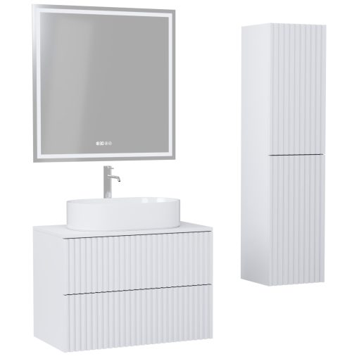 HD Rapallo Pro Matt White 80 komplett fürdőszoba bútor szett fali push-to-open mosdószekrénnyel, matt fehér mosdópulttal, tükörrel és magasszekrénnyel