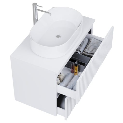 HD Rapallo Pro Matt White 80 komplett fürdőszoba bútor szett fali push-to-open mosdószekrénnyel, matt fehér mosdópulttal, tükörrel és magasszekrénnyel