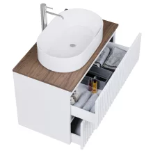 HD Rapallo Pro Matt White 80 komplett fürdőszoba bútor fali push-to-open mosdószekrénnyel, tölgyfa színű mosdópulttal és tükörrel