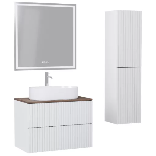HD Rapallo Pro Matt White 80 komplett fürdőszoba bútor szett fali push-to-open mosdószekrénnyel, tölgyfa színű mosdópulttal, tükörrel és magasszekrénnyel