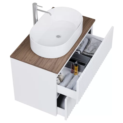 HD Rapallo Pro Matt White 80 komplett fürdőszoba bútor szett fali push-to-open mosdószekrénnyel, tölgyfa színű mosdópulttal, tükörrel és magasszekrénnyel