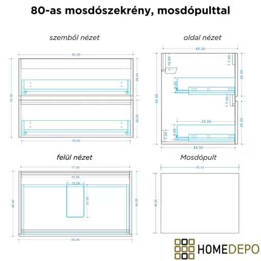 HD Rapallo Pro Matt White 80 komplett fürdőszoba bútor szett fali push-to-open mosdószekrénnyel, tölgyfa színű mosdópulttal, tükörrel és magasszekrénnyel