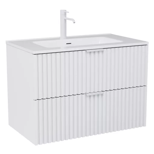 HD Ravello Matt White 80 komplett fürdőszoba bútor szett fali mosdószekrénnyel, matt fehér fogantyúkkal, fényes fehér slim mosdóval, tükörrel és magasszekrénnyel