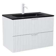 HD Ravello Matt White 80 komplett fürdőszoba bútor szett fali mosdószekrénnyel, matt fehér fogantyúkkal, matt fekete slim mosdóval, tükörrel és magasszekrénnyel