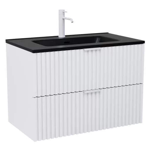 HD Ravello Matt White 80 komplett fürdőszoba bútor szett fali mosdószekrénnyel, matt fehér fogantyúkkal, matt fekete slim mosdóval, tükörrel és magasszekrénnyel
