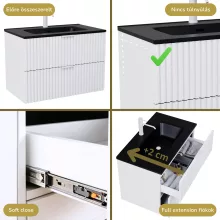 HD Ravello Matt White 80 komplett fürdőszoba bútor szett fali mosdószekrénnyel, matt fehér fogantyúkkal, matt fekete slim mosdóval, tükörrel és magasszekrénnyel