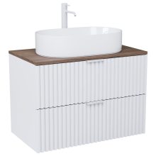 HD Rapallo Matt White 80 komplett fürdőszoba bútor szett fali mosdószekrénnyel, matt fehér fogantyúval, tölgyfa színű mosdópulttal, tükörrel és magasszekrénnyel