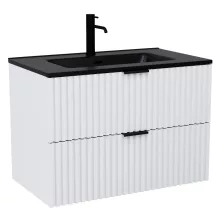 HD Ravello Matt White 80 komplett fürdőszoba bútor szett fali mosdószekrénnyel, matt fekete fogantyúkkal, matt fekete slim mosdóval, tükörrel és magasszekrénnyel