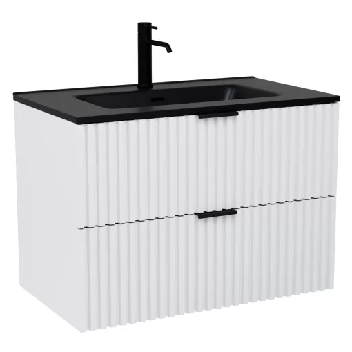 HD Ravello Matt White 80 komplett fürdőszoba bútor szett fali mosdószekrénnyel, matt fekete fogantyúkkal, matt fekete slim mosdóval, tükörrel és magasszekrénnyel