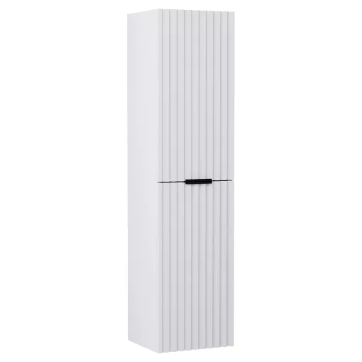 HD Ravello Matt White 80 komplett fürdőszoba bútor szett fali mosdószekrénnyel, matt fekete fogantyúkkal, matt fekete slim mosdóval, tükörrel és magasszekrénnyel