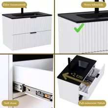 HD Ravello Matt White 80 komplett fürdőszoba bútor szett fali mosdószekrénnyel, matt fekete fogantyúkkal, matt fekete slim mosdóval, tükörrel és magasszekrénnyel