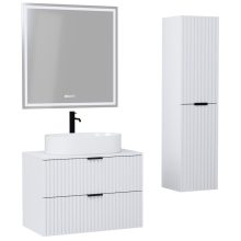 HD Rapallo Matt White 80 komplett fürdőszoba bútor szett fali mosdószekrénnyel, matt fekete fogantyúval, matt fehér mosdópulttal, tükörrel és magasszekrénnyel